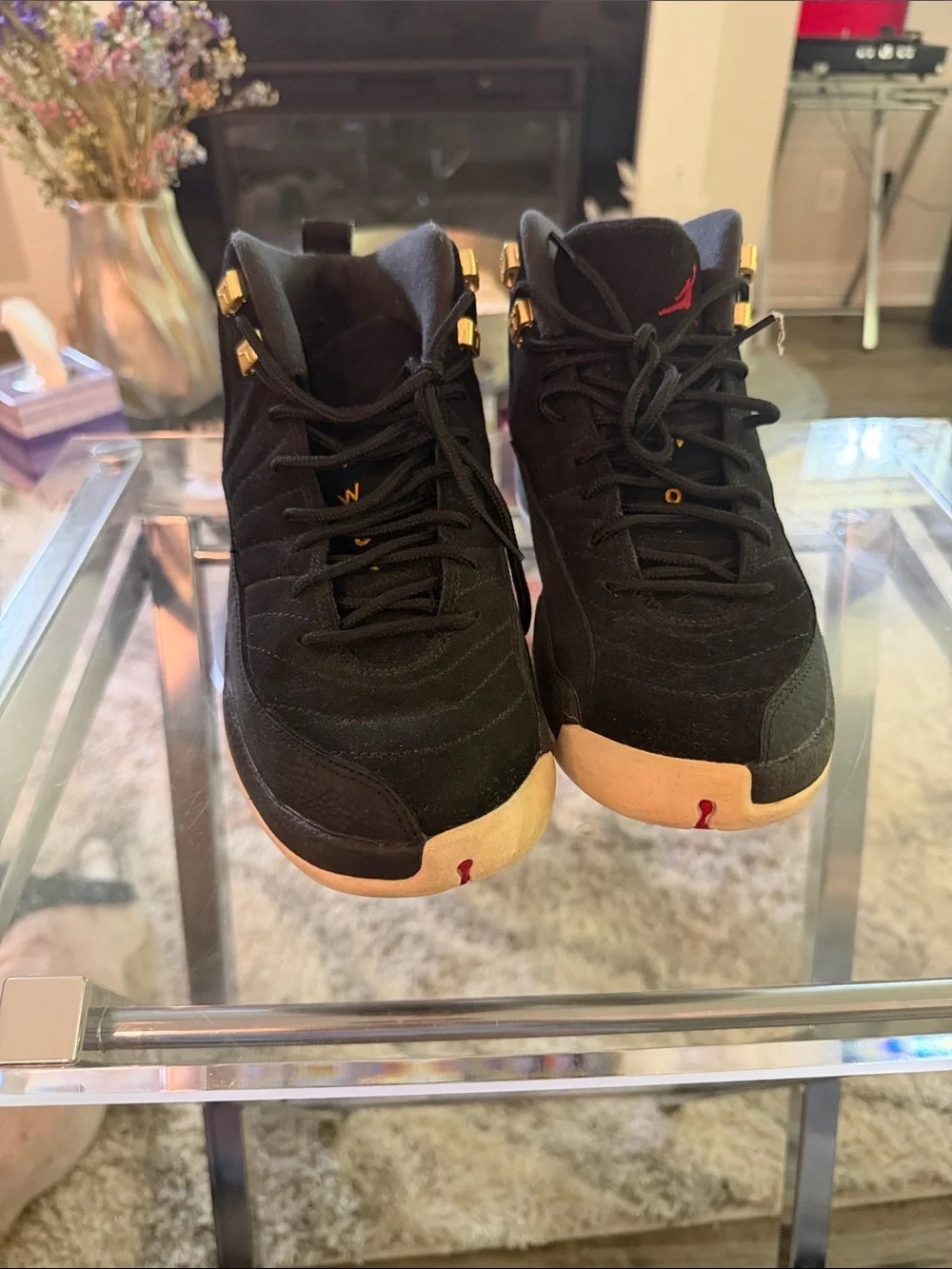Jordan Men's Black Suede High-Top Sneakers with Gold Eyelets